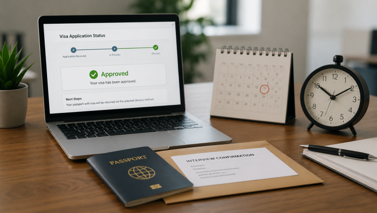 Pantalla de estado de solicitud de visa marcada como Approved junto a un pasaporte y un calendario
