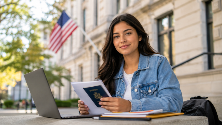 Estudiante con pasaporte y laptop frente a un edificio universitario, revisando la renovación de su visa F-1
