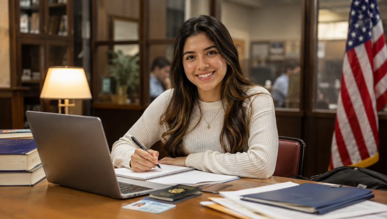 Estudiante trabajando en su laptop en una biblioteca universitaria con pasaporte sobre el escritorio