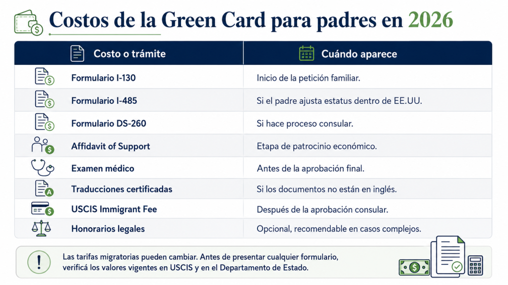 Tabla con los costos y trámites de la Green Card para padres en 2026.