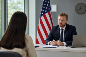 Funcionario consular entrevistando a un solicitante de visa americana en una oficina con bandera de EE. UU.