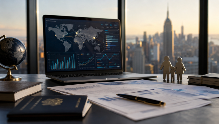 Escritorio profesional con documentos migratorios, gráficos financieros, laptop con análisis de inversión internacional, pasaporte y ciudad de Estados Unidos de fondo.