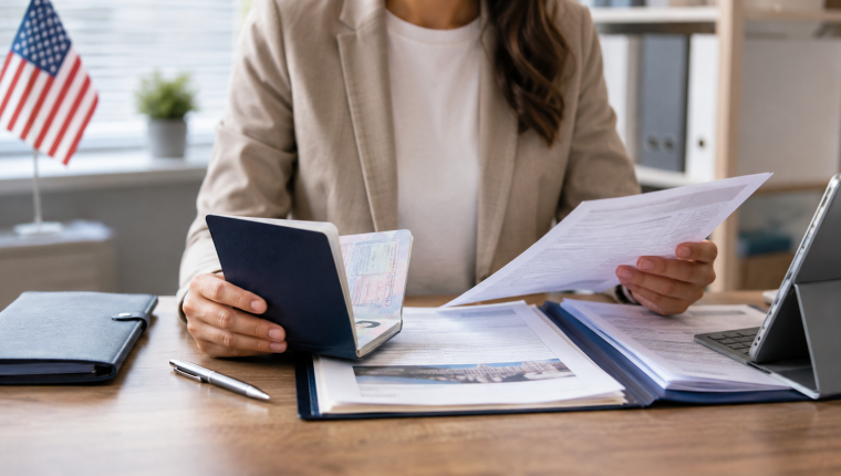 Solicitante organizando pasaporte y documentos sobre un escritorio antes de la entrevista de visa americana
