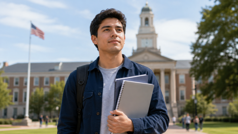 Estudiante internacional con cuaderno frente a un edificio universitario en Estados Unidos
